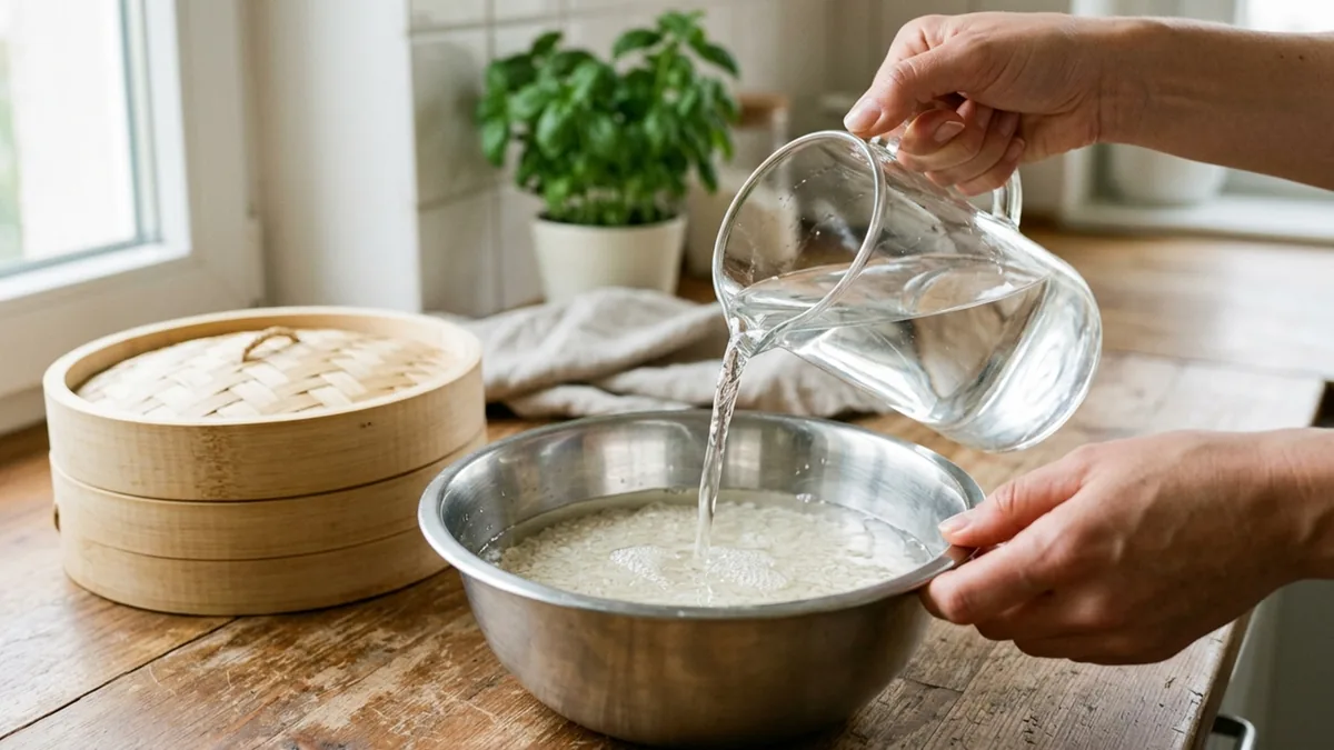 찹쌀 불리기와 찜기 준비 과정